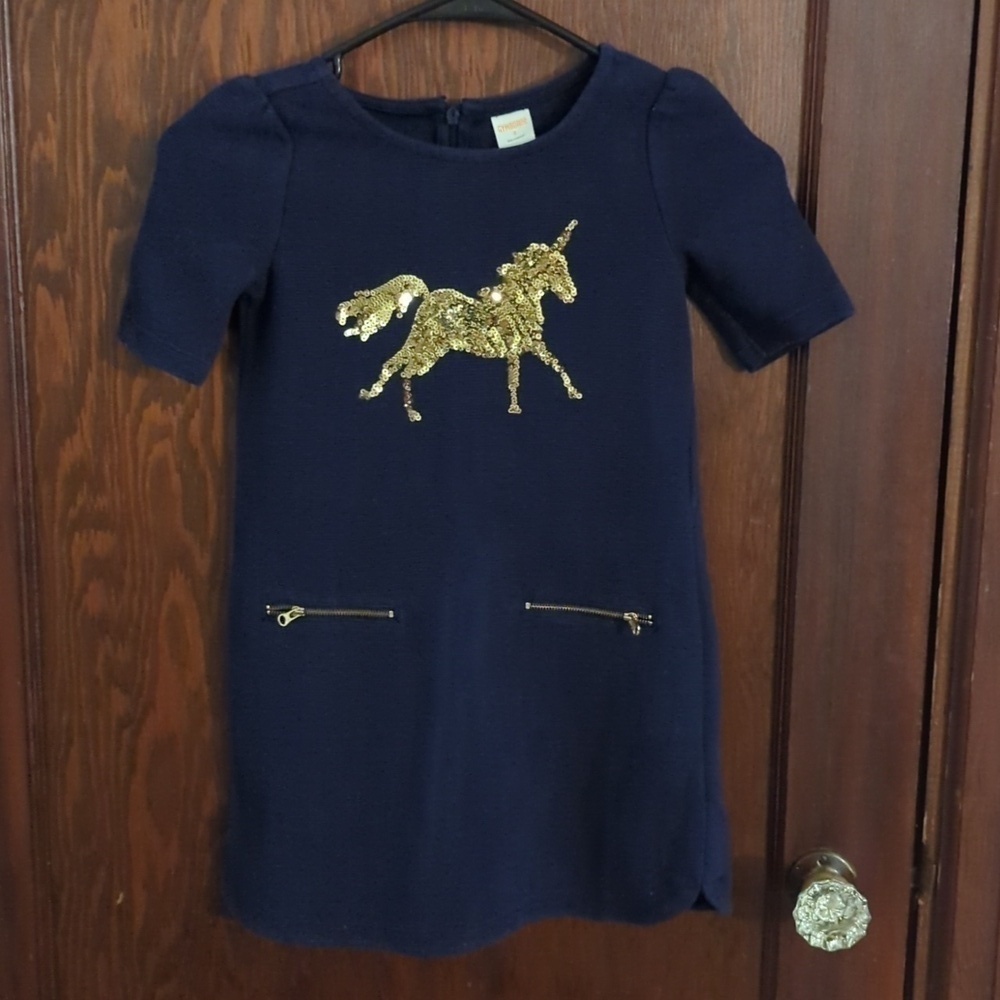 Gymboree Blue with Sequin Gold Unicorn Dress Size 6